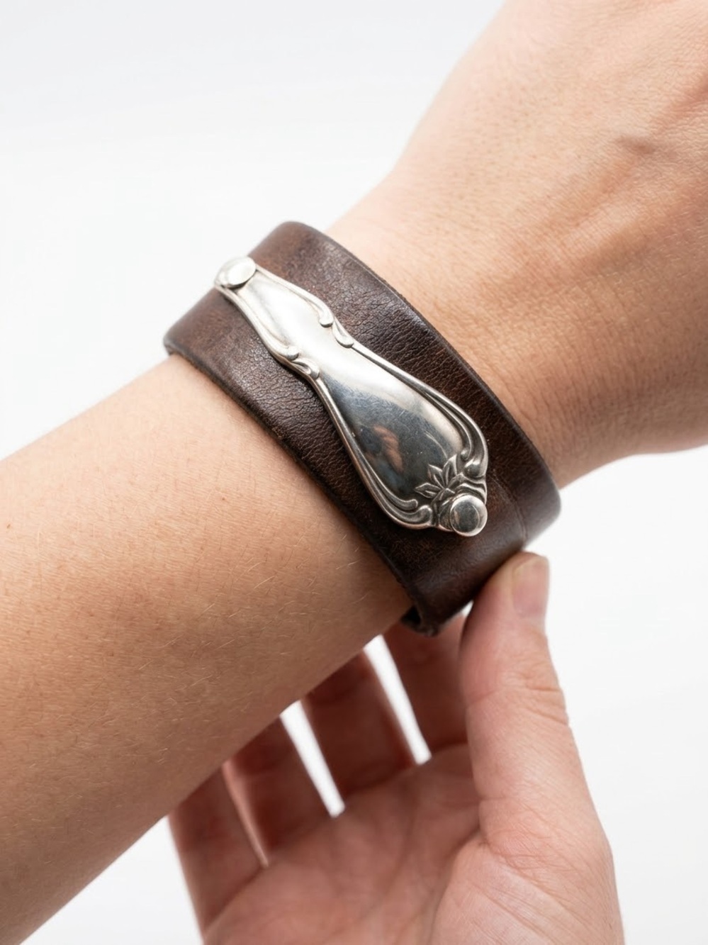 Tandy Leather Brown Leather Double-Wrap Bracelet with Silver Accent